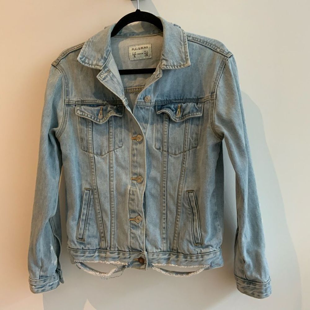 Pull & Bear Cotton Distressed Light Denim Jean Jacket  - Small